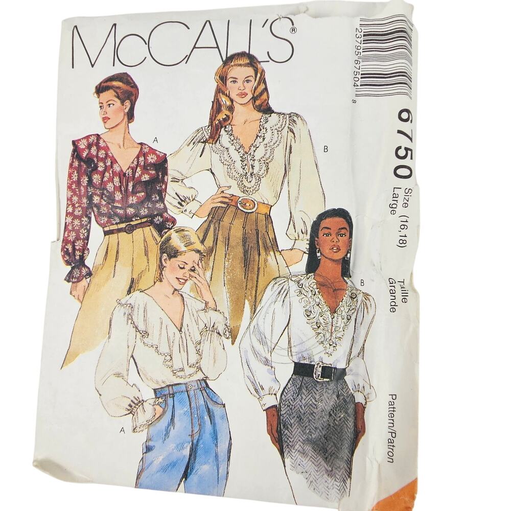 VTG McCalls pattern 6750 poet's blouse folk cottage ren fair Large 16-18 cut